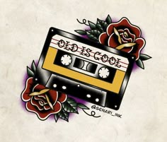 an old school tattoo design with a cassette and roses