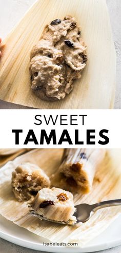 two pictures with the words sweet tamales on them and an image of a spoon