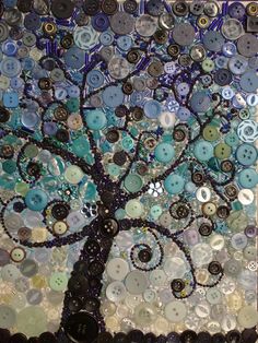 a tree made out of buttons is shown in this mosaic art work by the artist