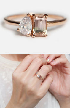 two different views of a woman's engagement ring