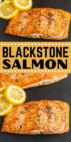 two salmon fillets with lemons and seasoning on the side