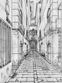 a pencil drawing of an alleyway with windows and bars on either side, looking down the street