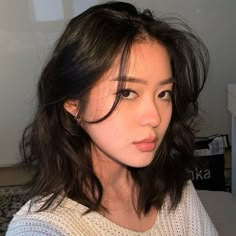 Short Thick Layered Haircuts, Layered Hair With Curtain Bangs Asian, Curtain Bangs Asian Round Face, Round Face Shoulder Length Haircut, Short Wavy Hair With Face Framing Layers, Asian Perm Women Medium Hair, Short Haircut Reference, Wavy Hair For Round Face, Asian Medium Length Hair With Layers