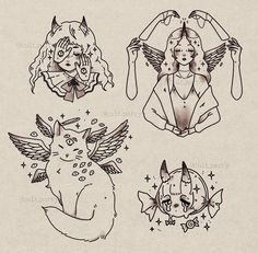 four different drawings of angels and cats with stars on them, each one has an angel's head