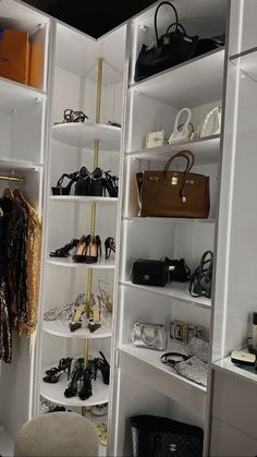 a closet filled with lots of different types of shoes and handbags on shelves next to each other