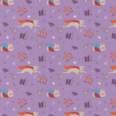 a purple fabric with dogs and presents on it