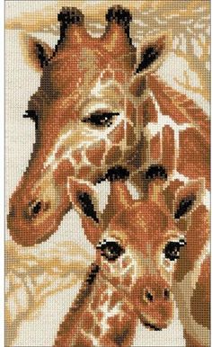 two giraffes cross stitched together on a white background