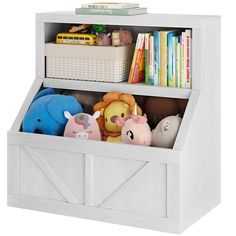 a toy storage box with stuffed animals and books in the bottom section, on a white background