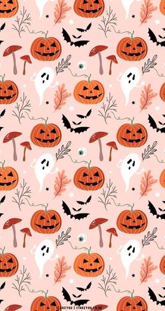 halloween pumpkins and bats on a pink background