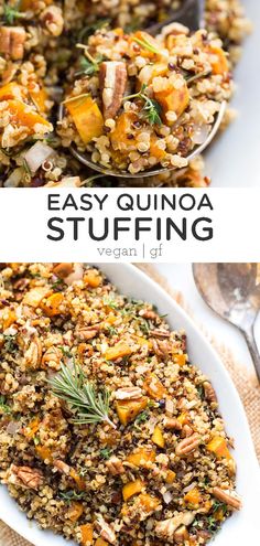 two plates filled with different types of food and the words easy quinoa stuffing