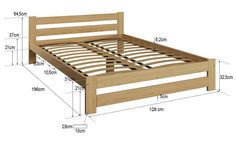 a wooden bed frame with measurements for the headboard and foot board on each side