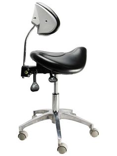 a black and white office chair with a light on it's back end,