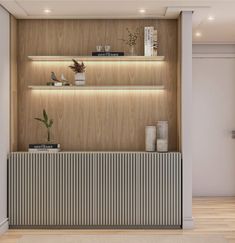 an image of a room with shelves and plants on the wall in front of it