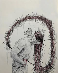 a drawing of a man with a dog in front of a circular object that looks like barbed wire