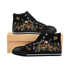 "Dark WOODLAND Aesthetic Women's Classic Sneakers, Forest Plants Mushrooms Wild Flowers Moth Goblincore Shoes, Mystical Nature Fairy Grunge Sneakers, Witchy Woman Gift Fashion sense has no limits! These extremely comfortable high-top classic sneakers with a high quality print are made to last and to impress - a truly original way to express oneself and inspire new fashion trends on the go. Hi there! It's so nice to see you in my FairyMeDressUp shop. To ORDER chic, unique, fashion graphic sneakers CLICK to SHOP now! We offer 10% discount for your first order with promo code Welcome10 😁  EVERYDAY STYLE   Our passion is for design and our purpose is to make you smile. We take great pride in the shoes that we create and want each shoes to be loved as much as we have enjoyed creating it.   Add Goblincore Shoes, Grunge Sneakers, Mushroom Shoes, Woodland Aesthetic, Witchy Boots, Mushrooms Wild, Spring Energy, Mystical Nature, Nature Fairy