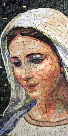 a mosaic portrait of a woman wearing a bonnet