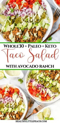 two plates filled with taco salad and the words whole 30 paleo keto taco salad