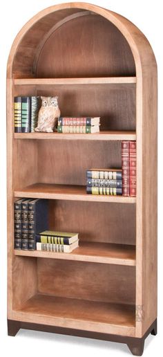 a wooden book shelf with several books on the top and bottom shelves, all lined up against one another