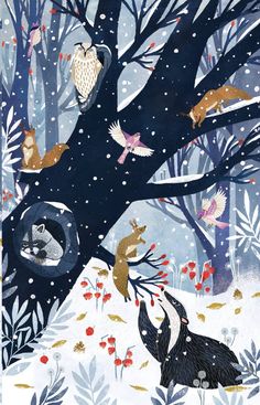 an illustration of animals in a snowy forest