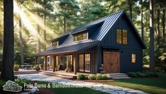 a blue house surrounded by trees and grass with the words pole barns & barn homes