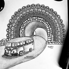 a drawing of a bus going into a tunnel