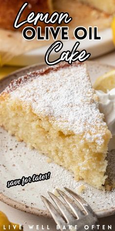 lemon olive oil cake on a plate with a fork