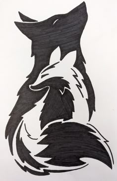 a black and white drawing of a wolf's head with the tail curled back