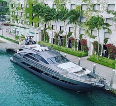 a boat is docked in the water near a building with palm trees on both sides