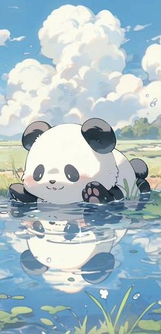 a panda bear is floating in the water