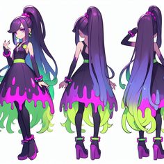 an anime character with long purple hair and green eyes, standing in front of three different poses