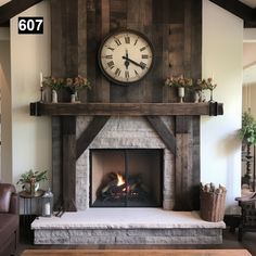 a fireplace with a clock on the wall above it