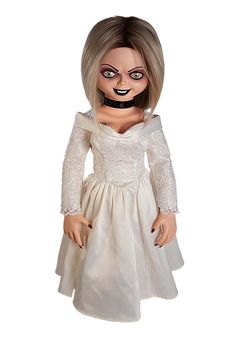 a creepy doll wearing a white dress and black choker on her neck is standing in front of a white background