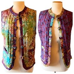 Nwt Quilted Colorful Batik Reversible Wearable Art Vest With Abalone Buttons Size - Small Material: Cotton Measurements Bust 34” Shoulder To Hem 24” A46 Nwt Quilted Colorful Batik Reversible Wearable Art Vest -Small Purple Bohemian Cotton Outerwear, Bohemian Purple Outerwear For Festivals, Festival Vest, Cardigan Vest Sleeveless, Vintage Denim Vest, Wearable Art Clothing, Fashion Drawing Tutorial, Quilt Jacket, Vest Pattern