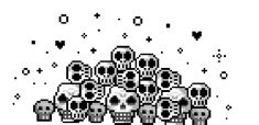 pixel art with skulls and stars in the background