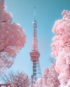 the eiffel tower is surrounded by pink trees