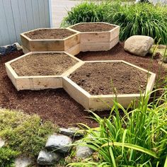 Hexagonal Raised Garden Beds, Hexagon Raised Bed, Raised Front Garden, Garden Box Design Layout, Pentagon Garden Bed, Alternative Raised Garden Beds, Modern Raised Flower Beds, Raised Garden Around Tree, Triangle Raised Garden Beds