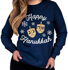 HAPPY HANUKKAH Navy Blue Hanukkah Sweatshirt with Silver & Gold glitter print Celebrate Hanukkah with this fun sweatshirt! Available in Sizes S, M, L, XL, 2XL Shirt Colors: Navy Blue Cotton & Polyester Blend Very Soft and Comfy Thank you so much for viewing this listing. Communication is my top priority with my customers, please feel free to ask any questions and I will always do my best to respond in a timely manner. Fall Sweaters For Women, Ugly Christmas Sweater Women, Glitter Print, Sweatshirt For Women, Happy Hanukkah, Fun Sweatshirts