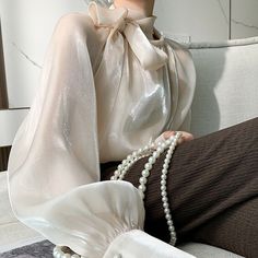 Hot Womens Shiny Color Organza Necktie Bow Knot Long Sleeves Shirt Fashion Loose | eBay White Long Sleeve Shirts, Silk Shirt Women, Female Blouse, Shirt Dress Pattern, Blouse Elegant, White Shirt Blouse, Straight Clothes, Bow Shirts, Shirts Women Fashion