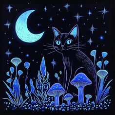 a drawing of a cat sitting in the grass under a full moon and stars night sky