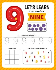 the number nine worksheet for children to learn how to write and draw numbers