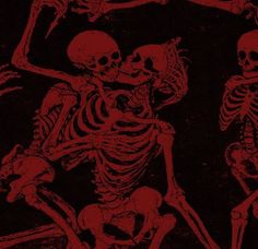 two skeletons in red and black with one skeleton holding the other's arm up