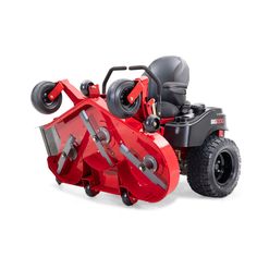 a red riding lawn mower on a white background with clippings to the side