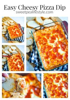 an easy cheesy pizza dip recipe is shown