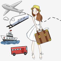 a woman in a white dress holding a suitcase and looking at an airplane flying over her