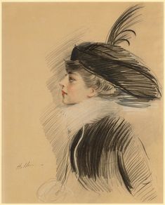 a drawing of a woman wearing a feathered hat