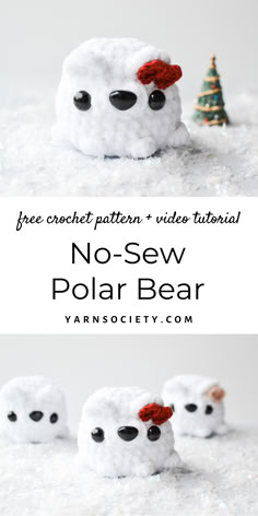 Crocheted white polar bear with a red yarn bow next to her ear sitting in a pile of white snow. Christmas Amigurumi, Free Yarn, Fun Crochet, Magic Circle, Circle Design, Amigurumi Crochet, Crochet Toys, Video Tutorial, Polar Bear