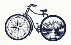 a bicycle with a compass on the front wheel and mountains in the background, hand drawn