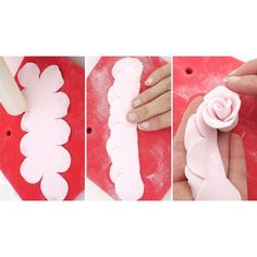 three pictures showing how to make paper flowers