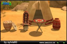 an animated image of a native american teepee and two stools in the desert