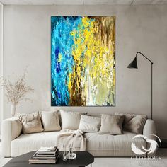 A textured abstract painting with striking blue and yellow hues, perfect for home decor. Room Texture, Painting Canvas Wall, Grand Art Mural, Stretched Painting